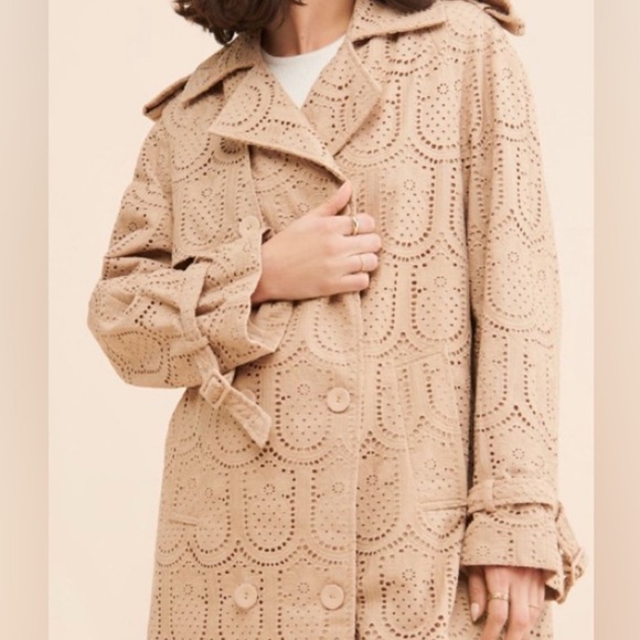 EUC FARM RIO Tan Cotton Eyelet Trench Coat Size M - Picture 2 of 7
